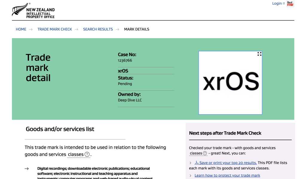 xrOS trademark in New Zealand